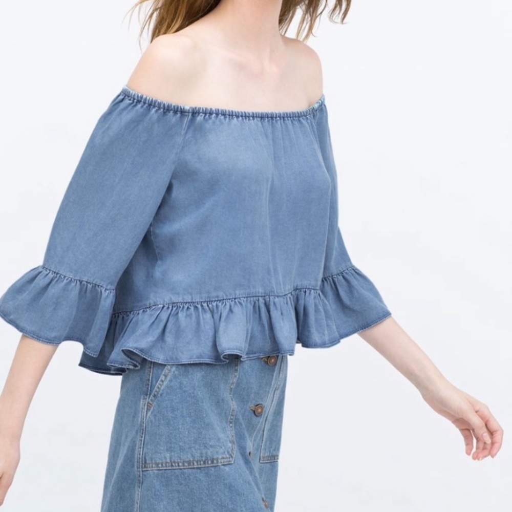 Zara off shoulder peplum denim top sz L